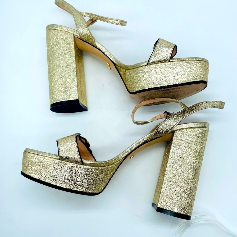 Gucci Galassia Metallic Gold leather GG Marmont ankle strap block heels 40.5 - Picture 4 of 11